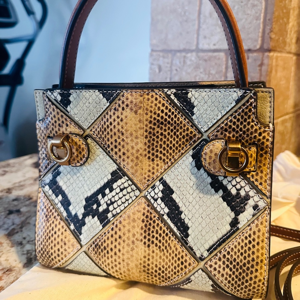 Tory Burch Green and Brown Satchel with Patchwork Design - Picture 4 of 10